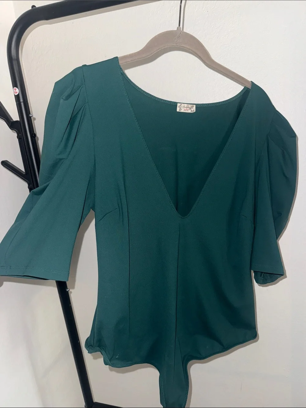 Free People Teal V-Neck Puff Sleeve bodysuit
